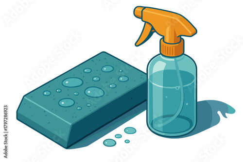 Isometric cleaning supplies with wet sponge and spray bottle featuring an orange cap