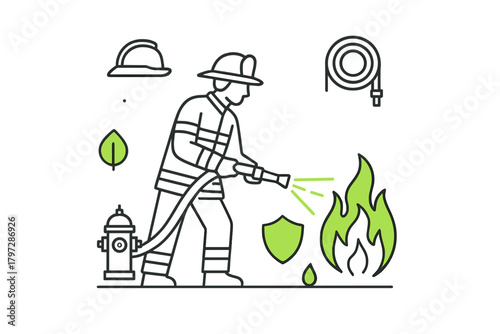 Firefighter spraying water on green flames surrounded by safety and protection icons