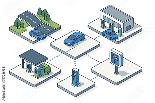 Electric car charging stations connected in a smart energy network diagram