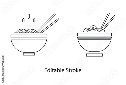Rice bowl icon editable stroke vector, rice bowl chopsticks vector line art illustration