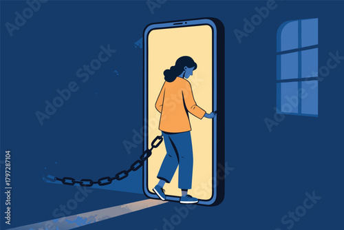 Person bound by glowing chains to a digital screen, a stark symbol of modern technological enslavement.