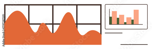 Flowing orange line graph beside a bar chart on a screen emphasizing trends, comparisons, and statistics. Ideal for business data, financial analysis, presentations, education, reports, monitoring