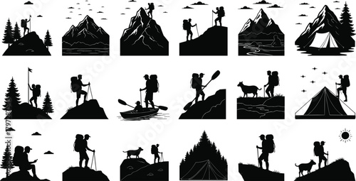 adventure, hiking, camping, nature, outdoor, exploration, travel, silhouette, mountain, trekking, backpack, wilderness, activity, climbing, kayaking