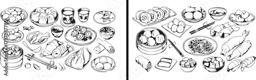 Asian Food Illustration, Bowl Line Drawing, Hand Drawn Food Vector, Delicious Cuisine Sketch, Minimal Asian Art, Black and White Food Artwork, Oriental Cuisine Illustration, Traditional Dish Vector, C