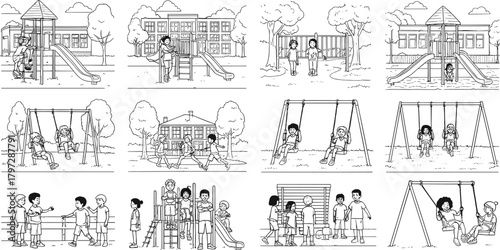 children, playground, activity, outdoor, schoolyard, playtime, fun, interaction, social, movement, swing, slide, jungle, group, childhood