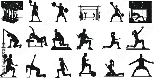 fitness, workout, exercise, gym, training, silhouette, athlete, stretching, weightlifting, squats, lunges, cardio, movement, dynamic, posture