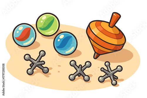 Classic retro toys featuring colorful glass marbles, metal jacks, and a striped spinning top