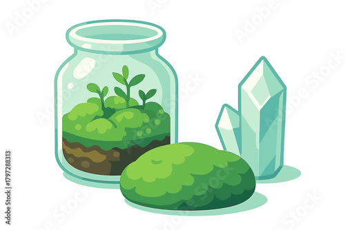 Miniature terrarium in a glass jar with moss, soil layers and sprouting plants next to quartz crystals