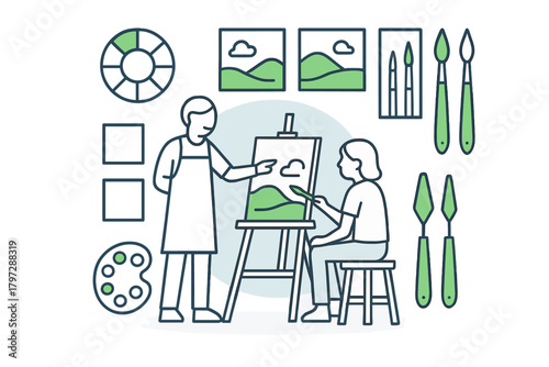 Teacher instructing student painting landscape on easel during art class