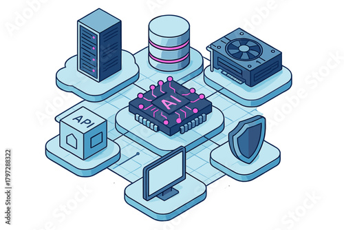 Central processing unit connecting to server, data storage, API, and security shield diagram
