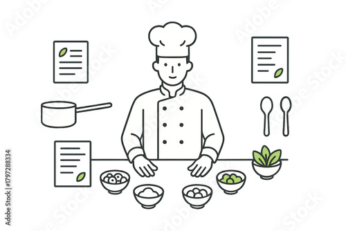 Professional chef preparing ingredients and reading recipe notes in kitchen