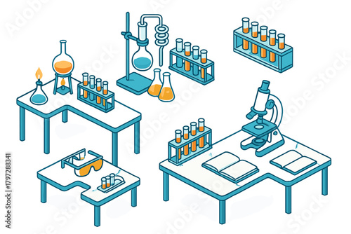 Scientific research laboratory setup with glassware, microscope, and test tubes on work desks