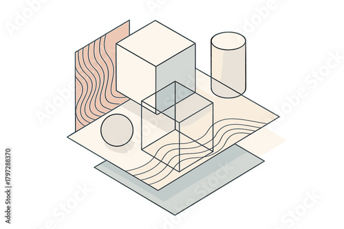 Abstract isometric arrangement of geometric primitives on layered planes with subtle wavy patterns