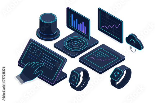 Isometric network of smart devices, data analysis screens, and cloud computing