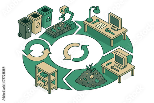 Sustainable circular economy process flow with recycling, repair, and composting stages