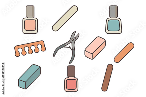 Essential nail care tools and beauty products for manicure and pedicure procedures