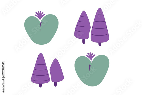 Stylized heart-shaped green plants and purple conical trees on white background