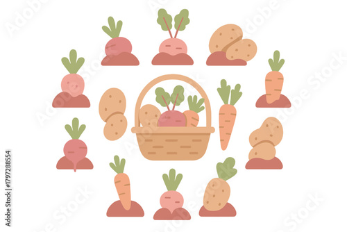 Freshly harvested root vegetables and potatoes displayed around a full wicker basket