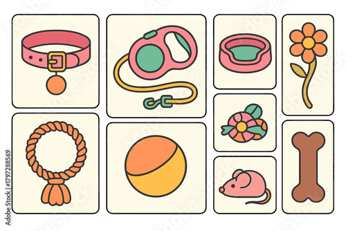 Colorful collection of pet accessories and toys including collar leash bed bone and ball