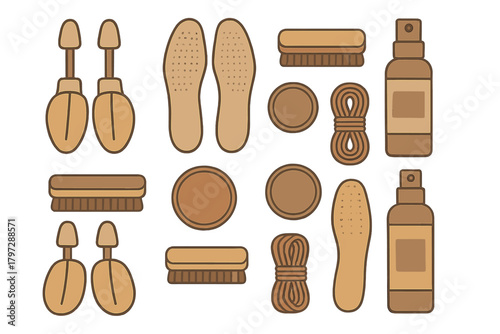 Set of professional shoe cleaning and maintenance products and accessories