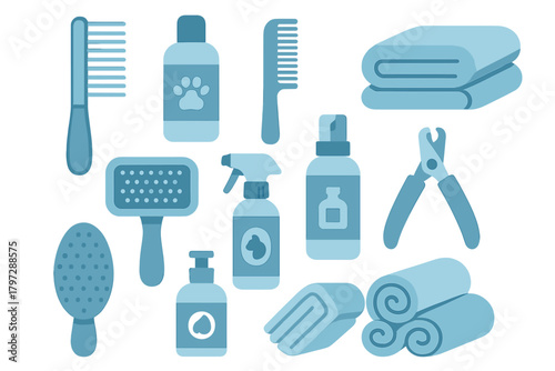 Essential pet grooming tools and hygiene products including brushes, combs, shampoo, and clippers