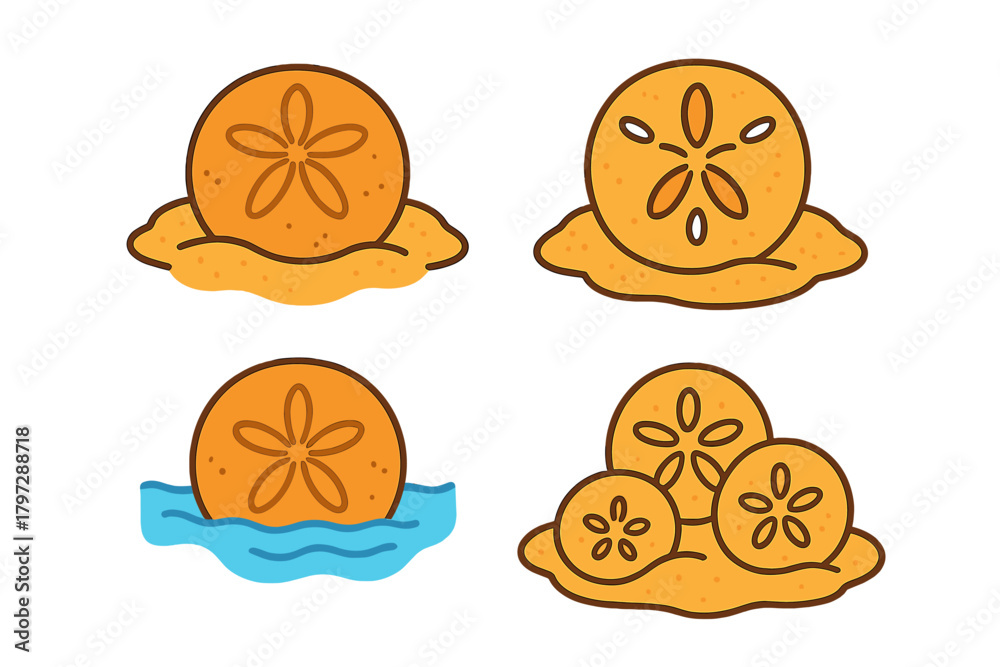 Fototapeta premium Colorful stylized sand dollar collection resting on beach sand and partially submerged in blue ocean water