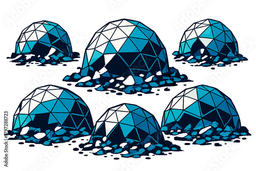 Abstract geometric geodesic dome pattern sinking into dark blue melting ice