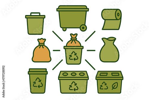 Set of garbage cans, recycling bins, and waste bags for environmental disposal