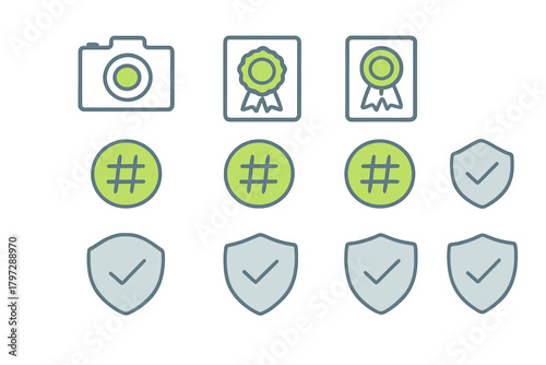 Colorful outline icons set featuring camera, award, hashtag, and security shields