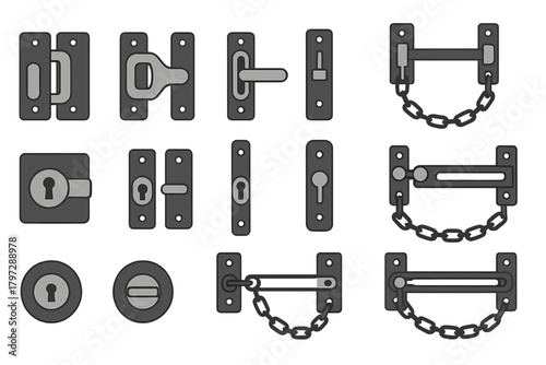 Set of security door locks, latches, keyholes, and chain bolts hardware mechanisms