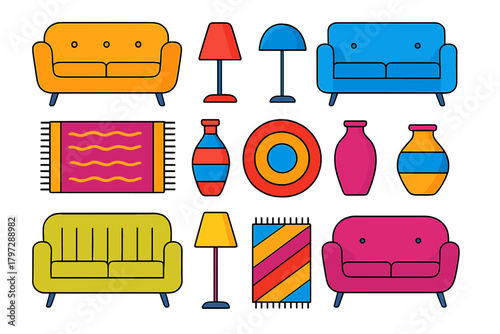 Colorful mid-century modern furniture and home decor set featuring sofas, lamps, rugs, and vases