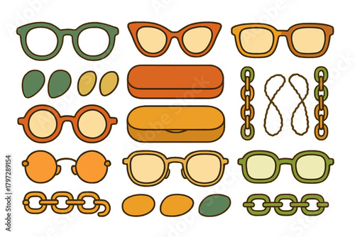 Collection of retro style eyewear frames, protective cases, lenses, and chains set