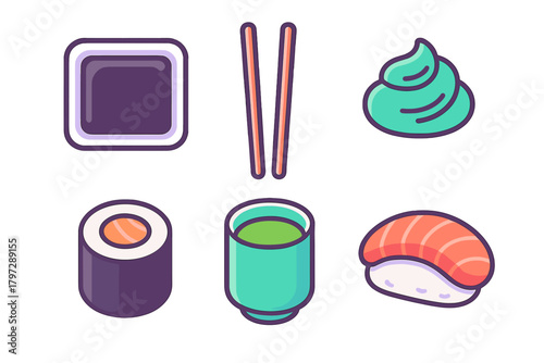 Japanese food set with sushi roll, nigiri, wasabi, chopsticks, and green tea cup