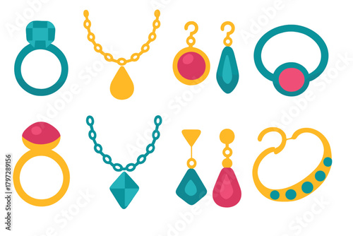 Stylized collection of precious jewelry accessories including rings, earrings, bracelets, and pendants