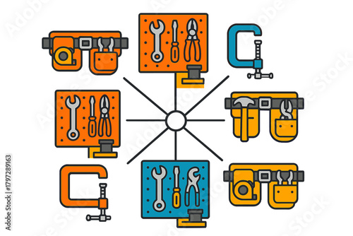 Radial arrangement of construction and repair tools including wrenches, pliers, screwdrivers, hammers, and clamps