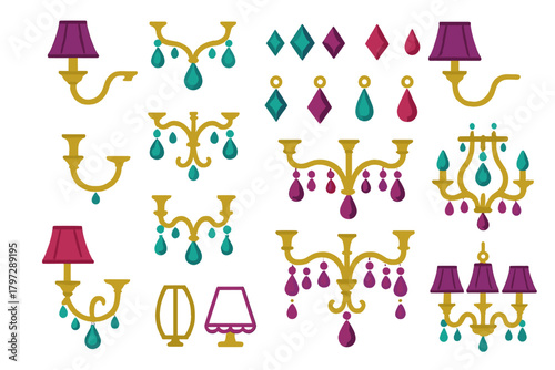 Collection of vintage chandeliers, wall sconces, candelabras, and decorative crystal pendants