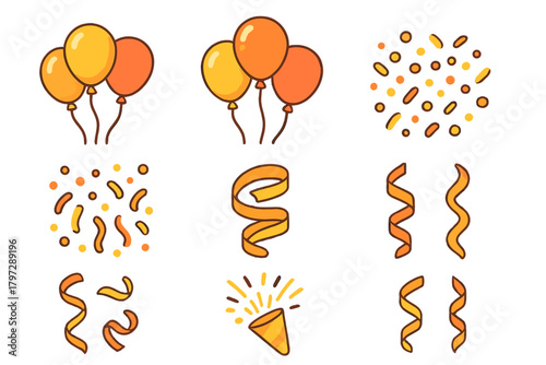 Orange and yellow party elements set with balloons, confetti, ribbons, and popper icons