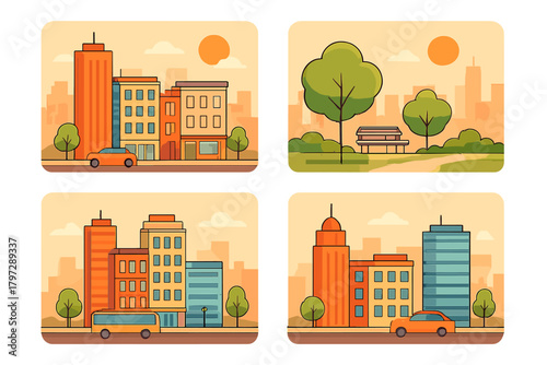 City landscape scenes showing urban buildings, street traffic, and public park areas