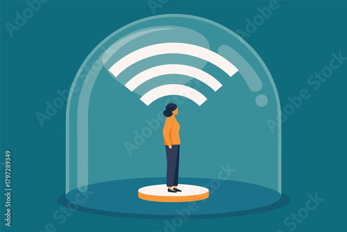 Silhouette of a person enclosed within a clear glass dome, visualizing isolation from a radiating, intricate Wi-Fi signal network.