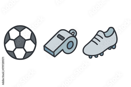 Collection of soccer equipment including football, referee whistle, and athletic shoe