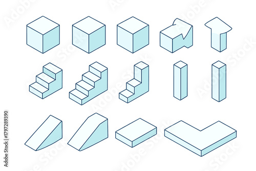 Isometric geometric shapes collection featuring cubes stairs ramps and prisms