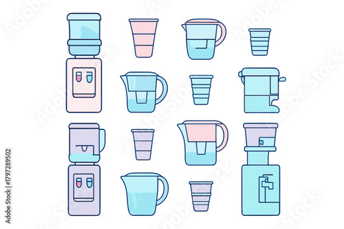 Seamless pattern of water coolers, filtration pitchers, and drinking cups