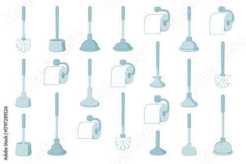 Seamless pattern of toilet plungers, cleaning brushes, and paper holders
