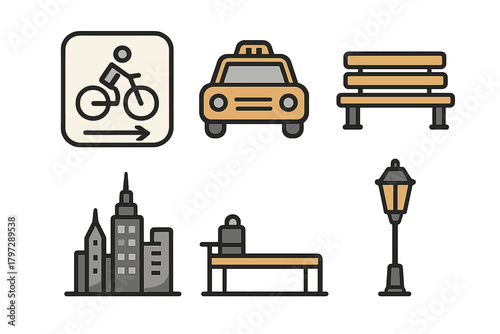 Simple icons representing city infrastructure, public transport, and park amenities