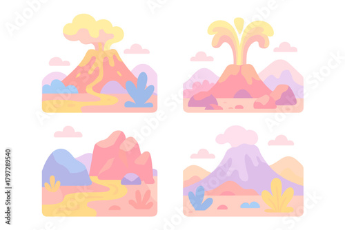 Four colorful scenes depicting active and dormant volcanoes with mountains and stylized plants in a pastel landscape design