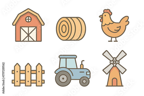 Colorful farm and agriculture elements including barn, tractor, hay bale, chicken, fence, and windmill
