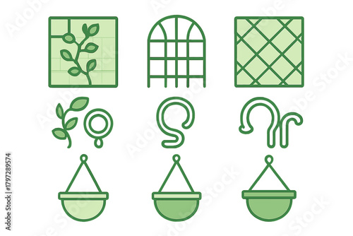 Green line icons set for gardening accessories including trellises and hanging planters