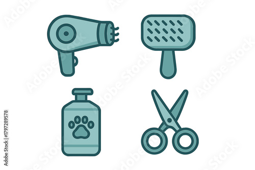 Essential pet grooming tools collection including hairdryer brush shampoo and scissors