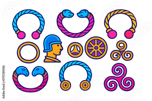 Ancient Celtic and Gallic symbols featuring torcs, triskelions, and warrior helmet profile