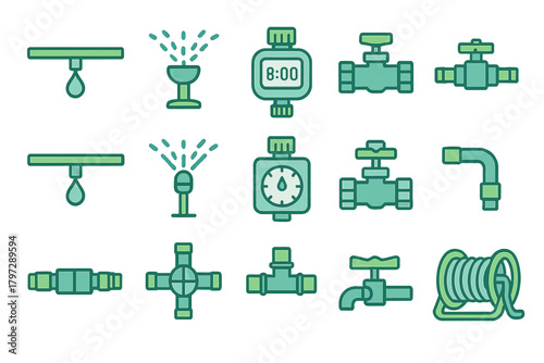 Essential water system components including plumbing fixtures, garden sprinklers, valves, and hose reel